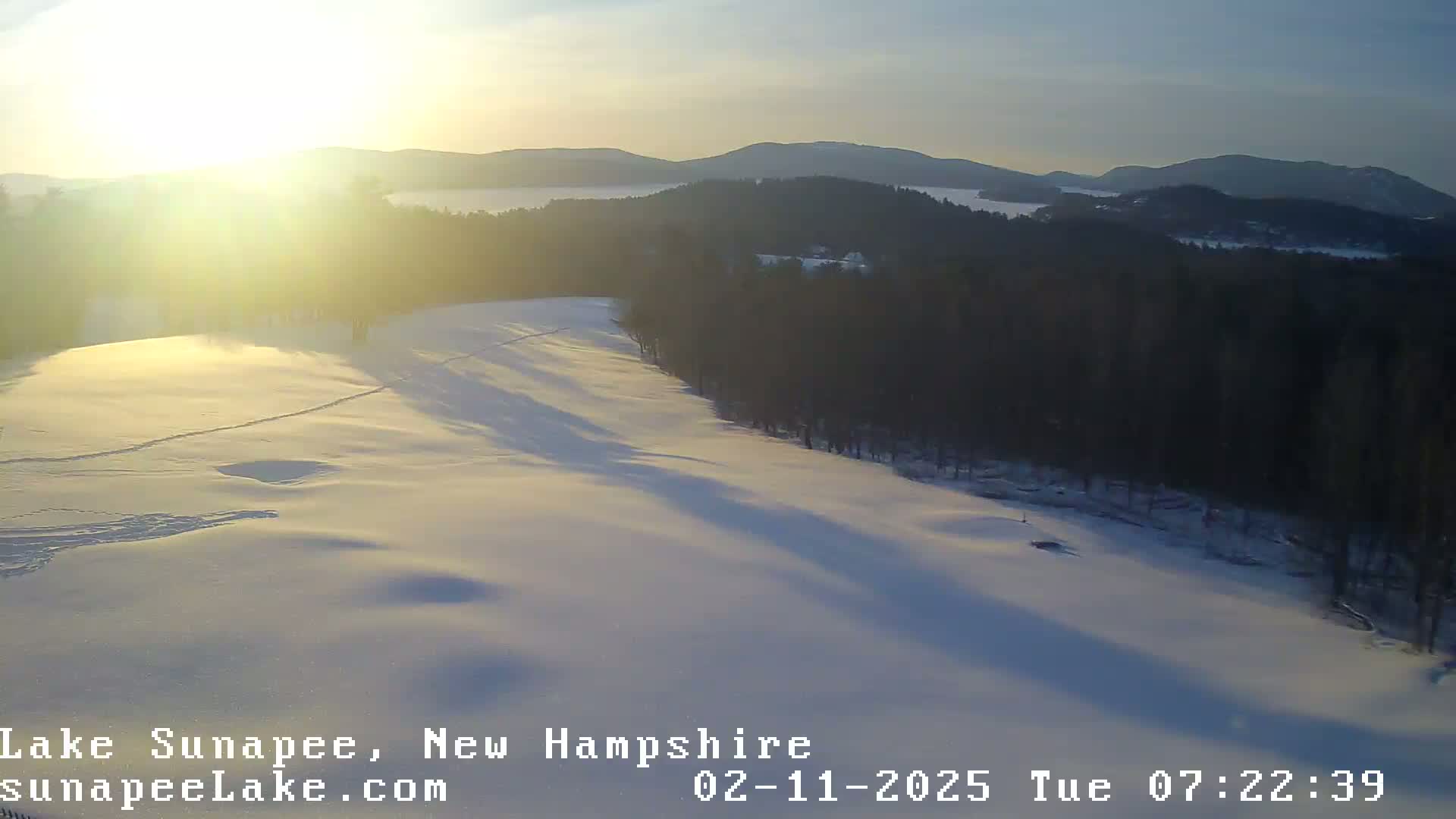 A snow-covered landscape with a line of trees at sunset, overlooking a lake and distant mountains.
