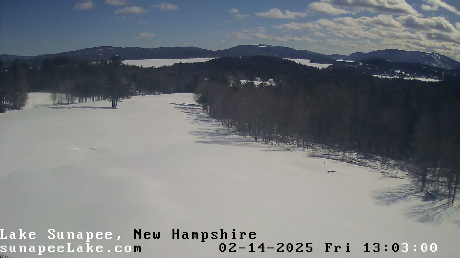 A snow-covered field with a line of trees beside it, overlooking a lake and distant mountains under a partly cloudy sky.