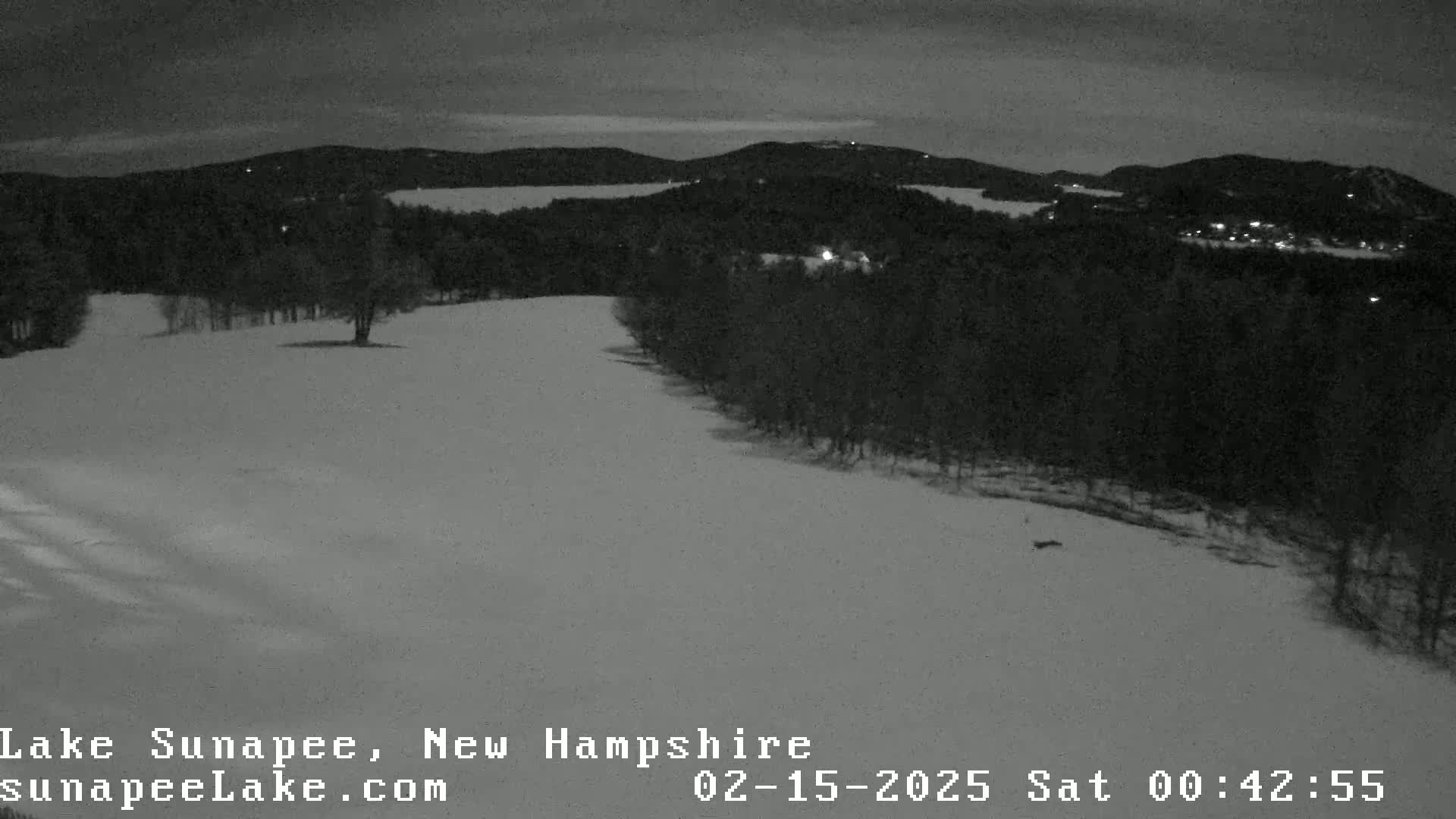 A snow-covered landscape at night, with dark trees and distant lights visible under a dark sky.