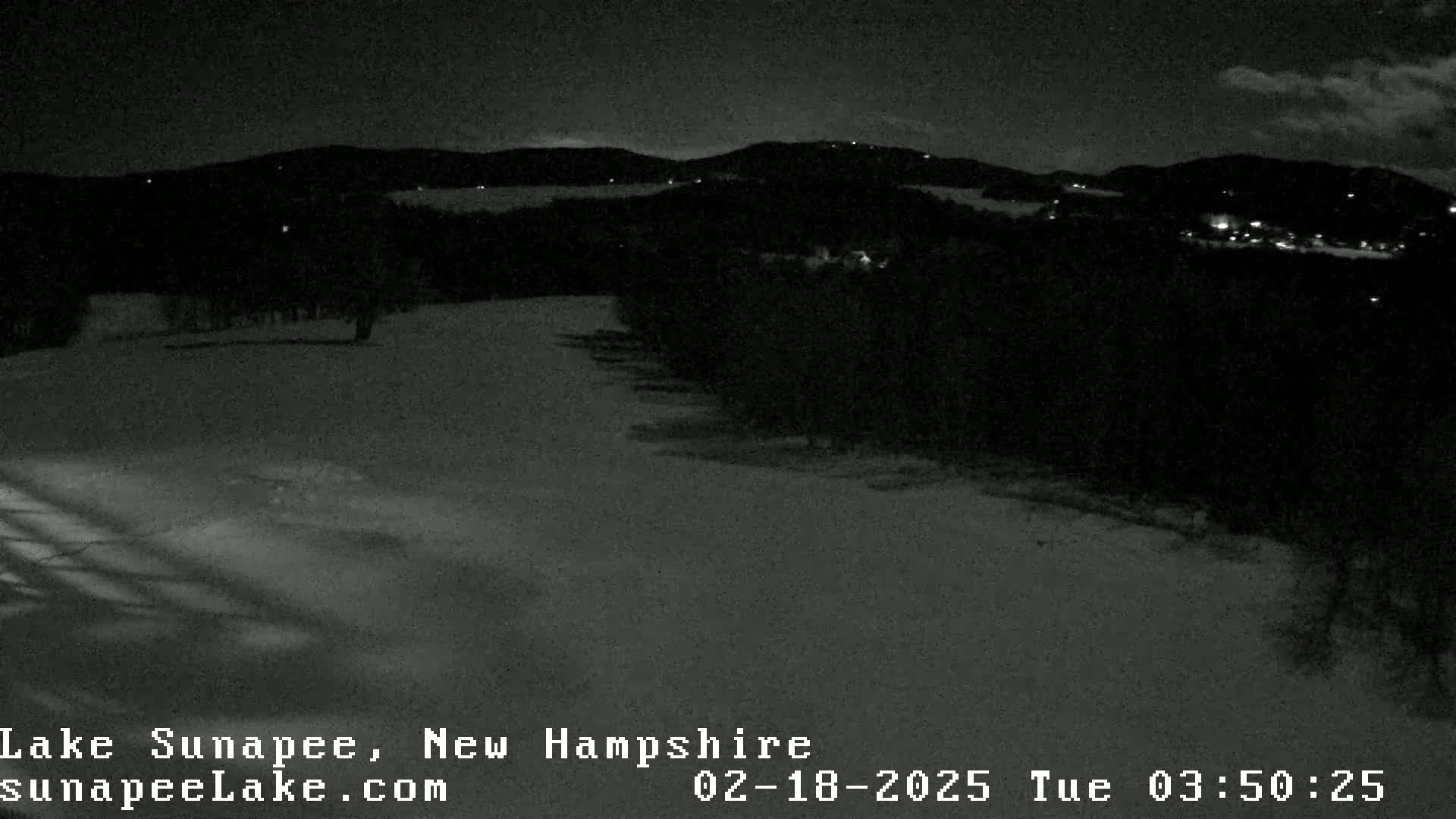 A nighttime view of a snow-covered landscape, with dark trees and distant lights, under a mostly cloudy sky.