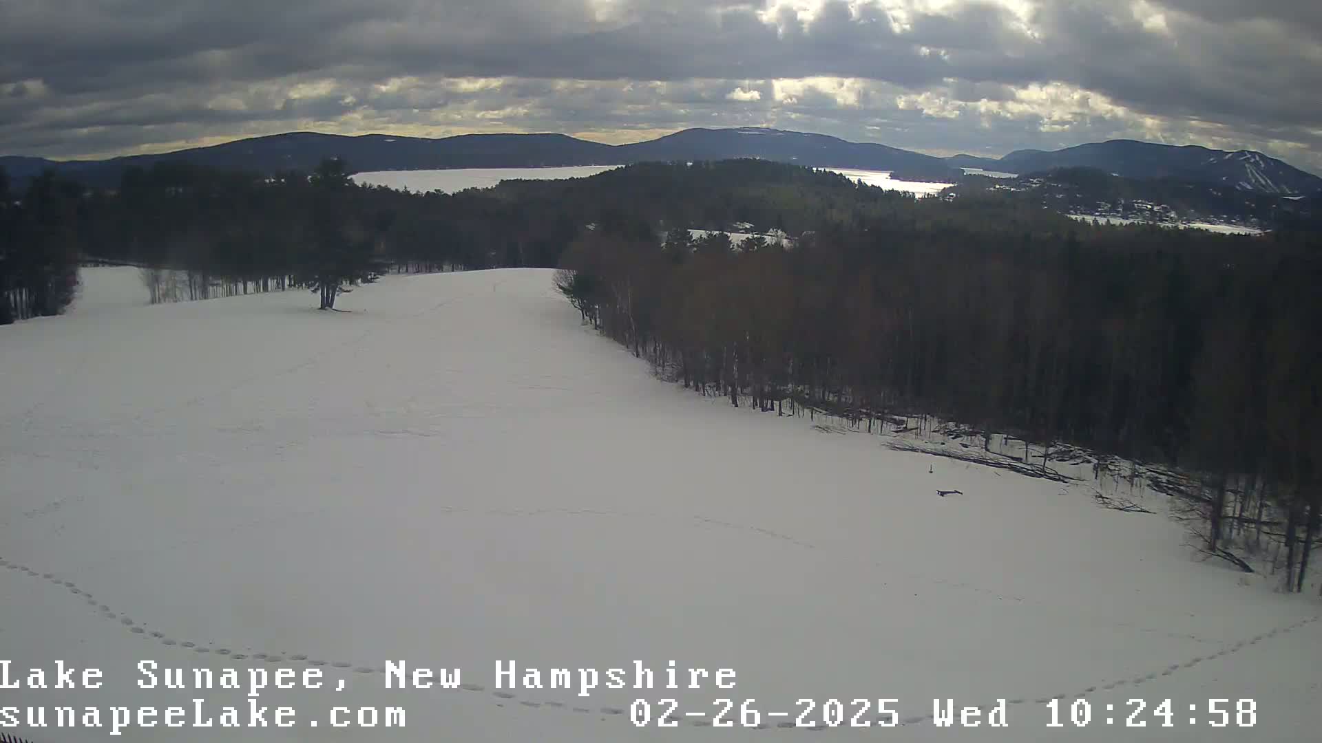 A snow-covered landscape with a forest and a lake in the distance under a cloudy sky.