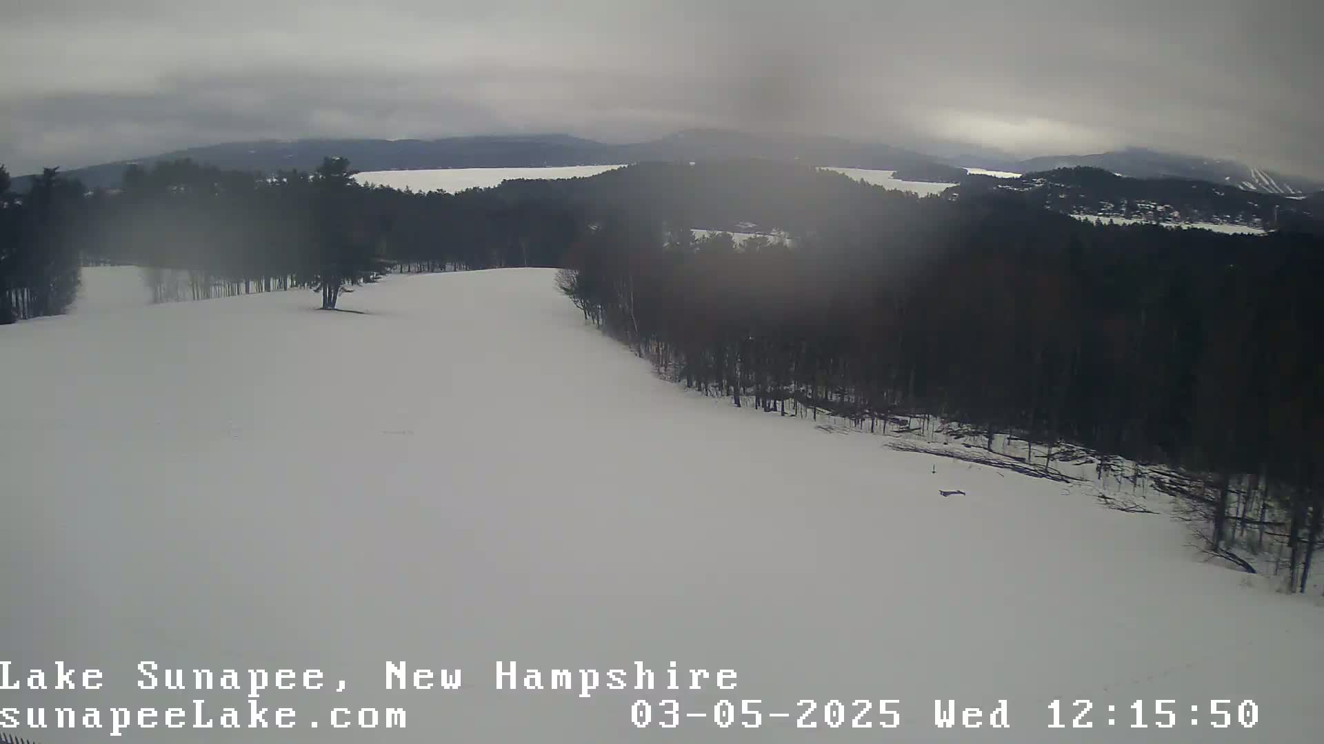 A snow-covered hill overlooking a lake under an overcast sky.