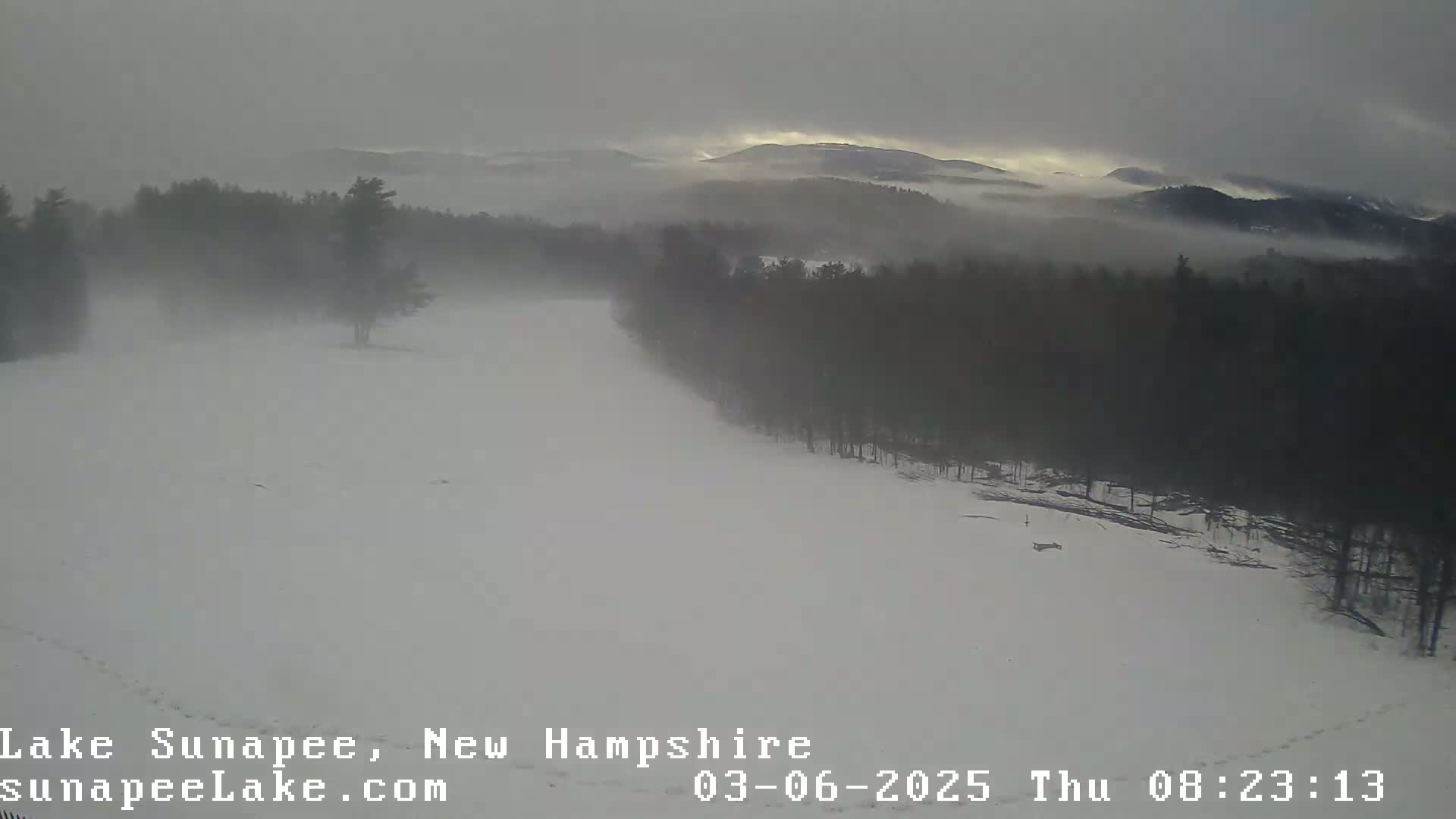 A snow-covered landscape with a hazy, overcast sky and dark, snow-dusted trees in the background.