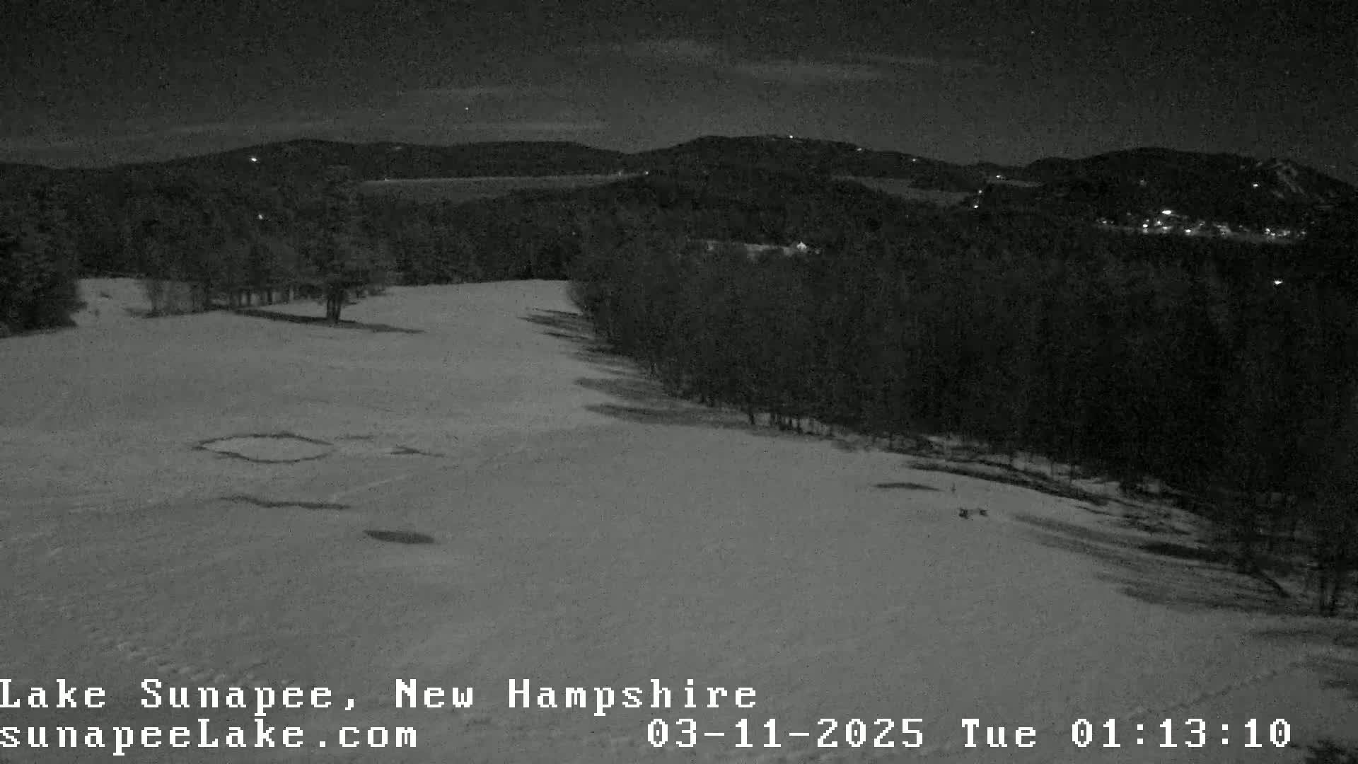 A snow-covered landscape at night, illuminated by a few distant lights, is bordered by dark trees and hills under a clear sky.