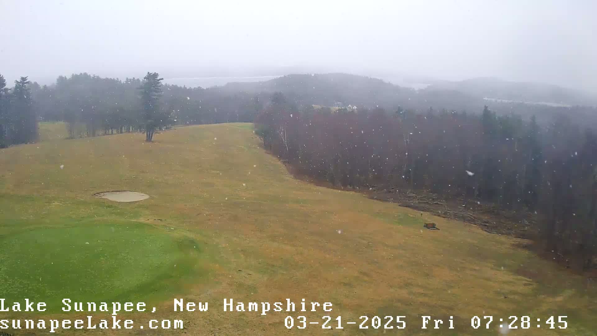 A snow-covered golf course slopes down toward a wooded area under a light snowfall.