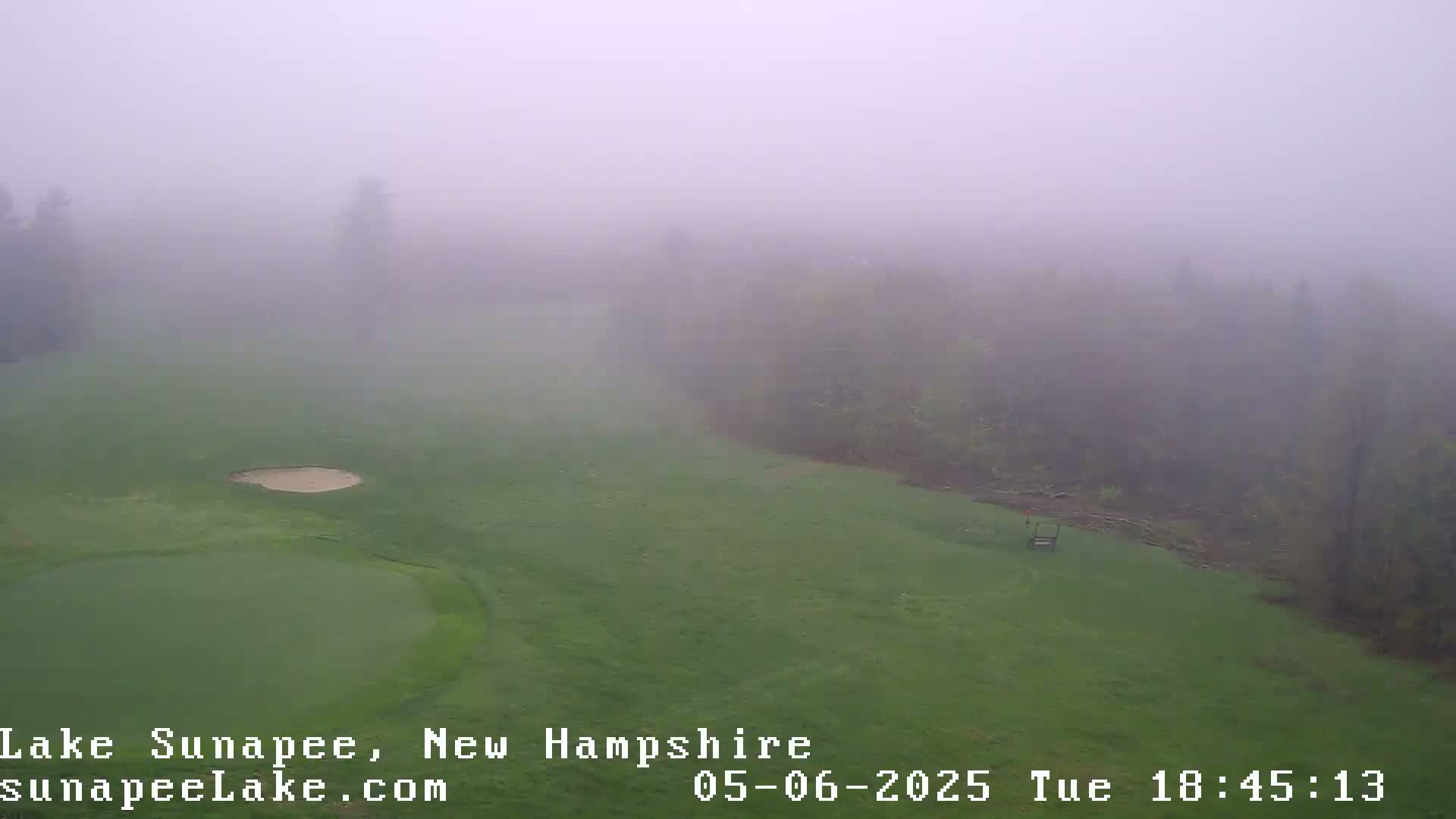 A fog-shrouded golf course with trees in the background.