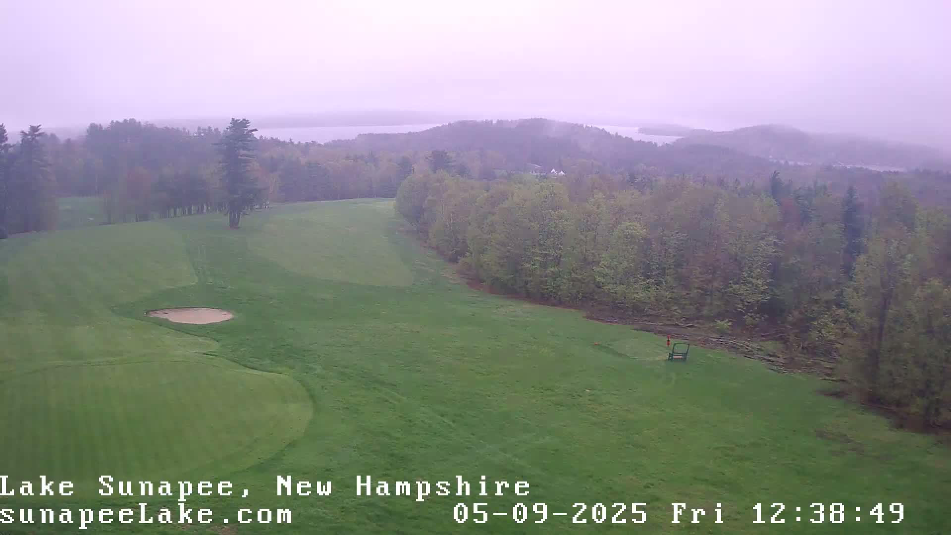 An overcast, possibly rainy day reveals a golf course nestled among a verdant forest overlooking a distant lake.