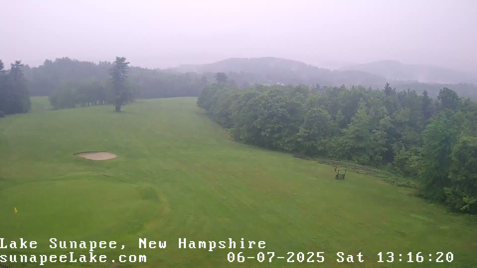 A golf course bordered by a line of trees under an overcast sky, lightly raining.