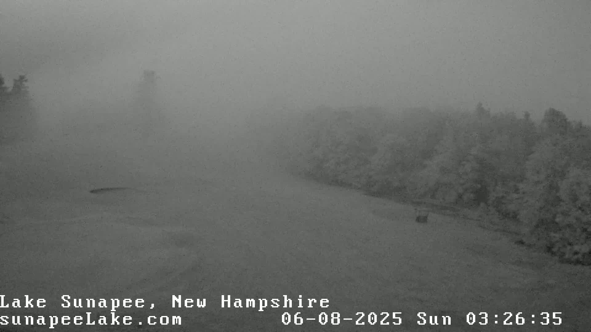 A hazy, foggy scene shows a body of water and some trees in the distance.
