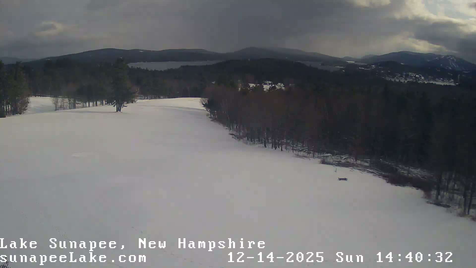 A wide, snow-covered landscape at night features a clearing in the foreground, bordered by a dense treeline, with distant, forested hills showing scattered lights under a dark, clear sky.