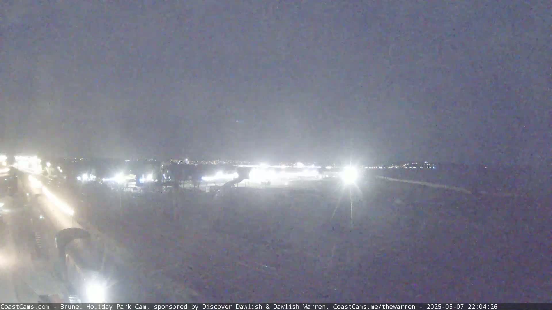 A nighttime long shot shows a dimly lit park and road with a few cars driving.