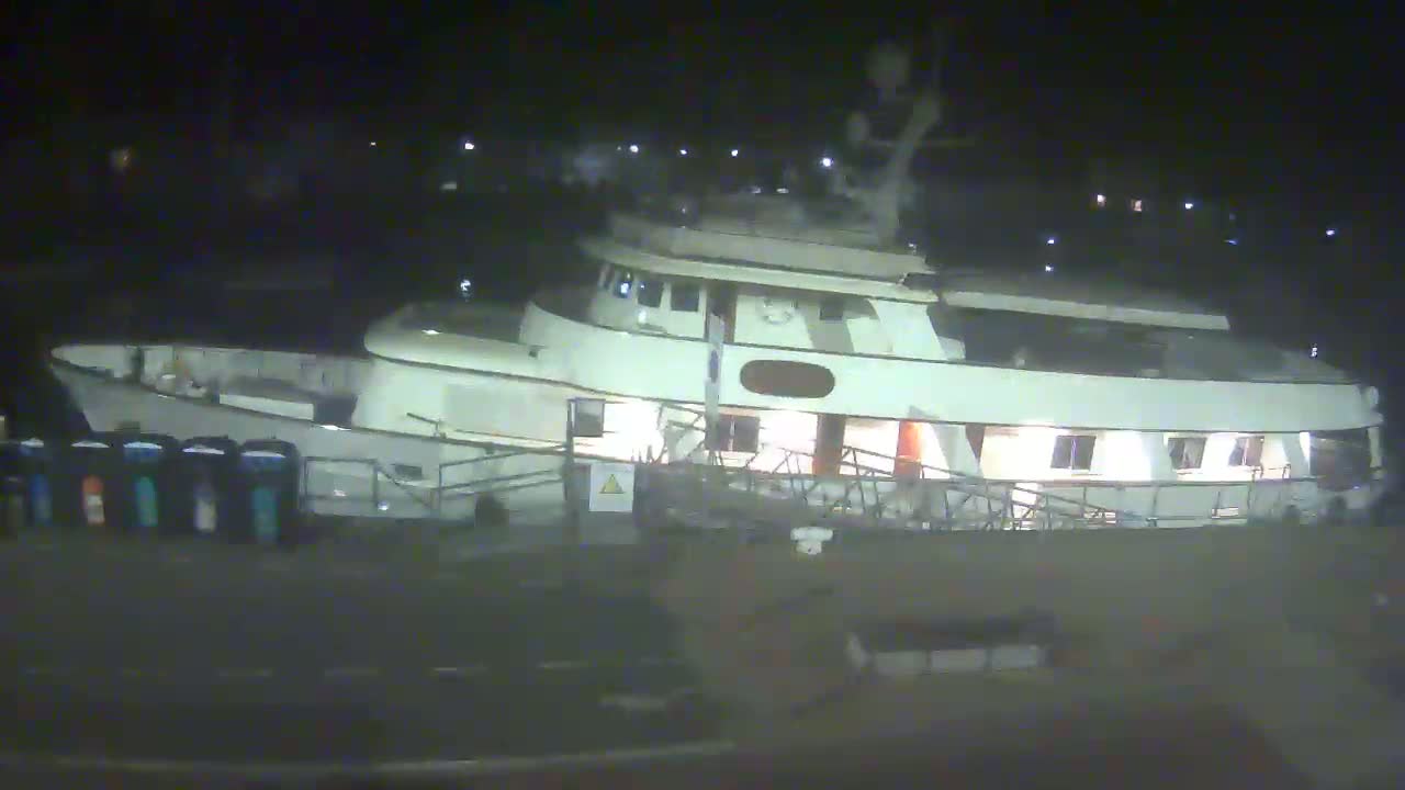 A large, light-colored yacht is docked at night.