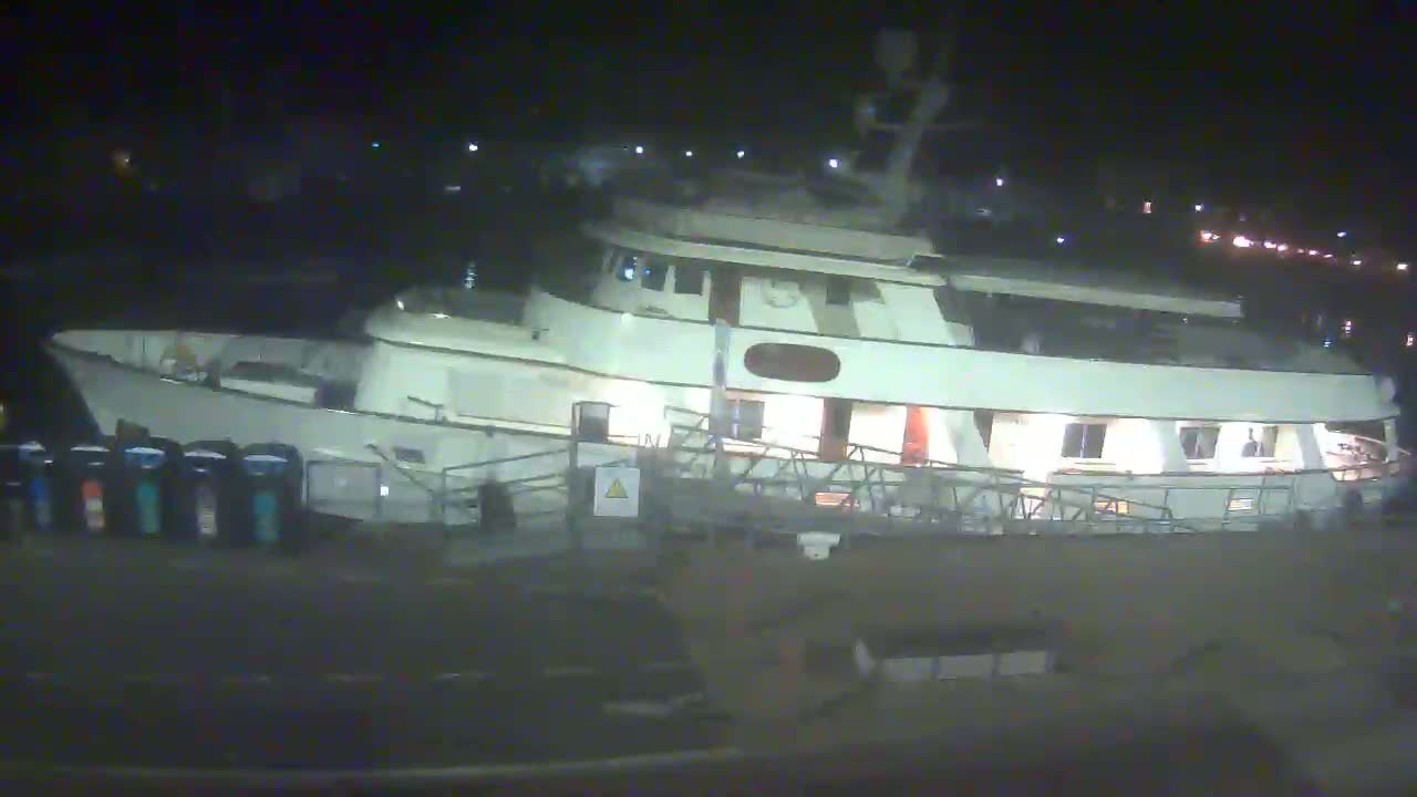 A large, white passenger vessel is docked at night.