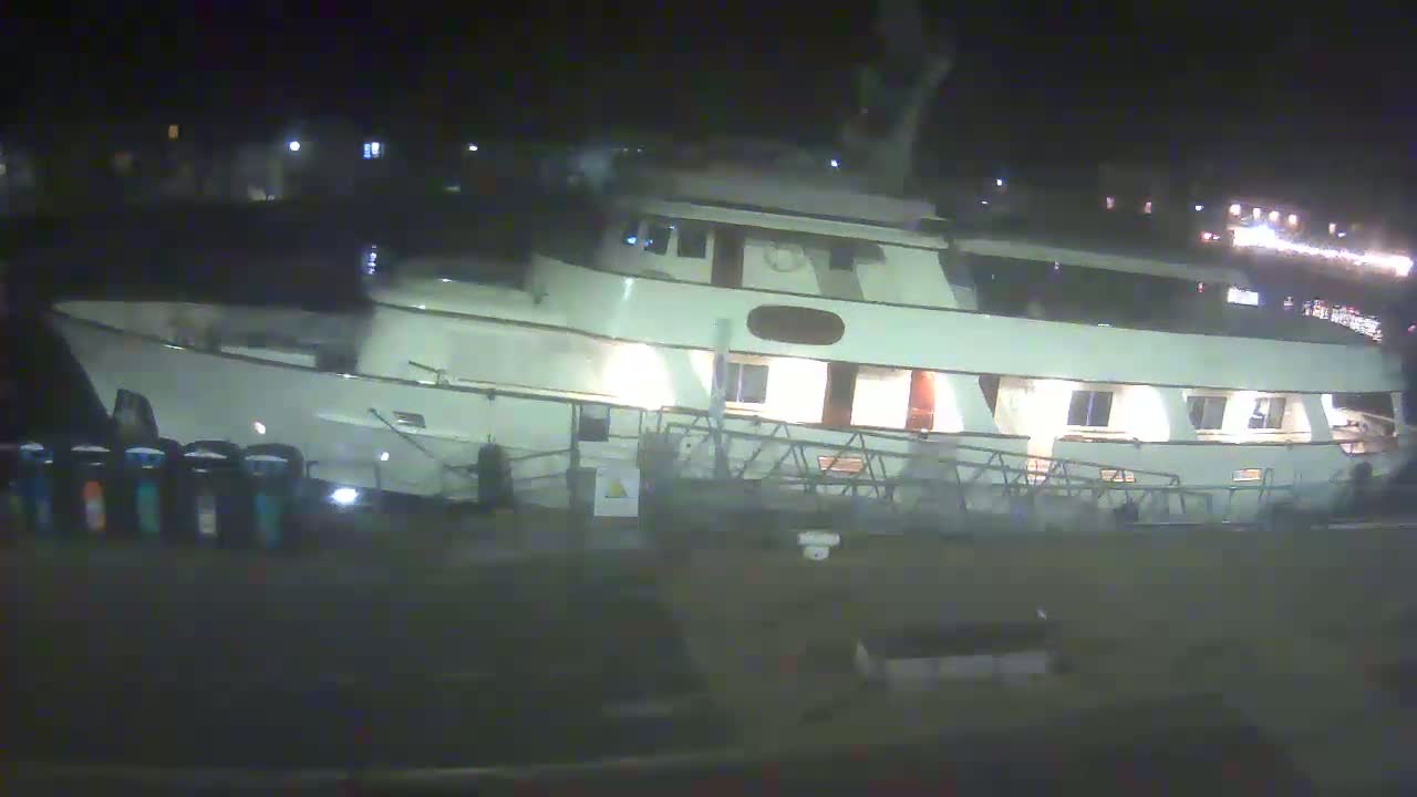 A large, light-colored yacht is docked at night.