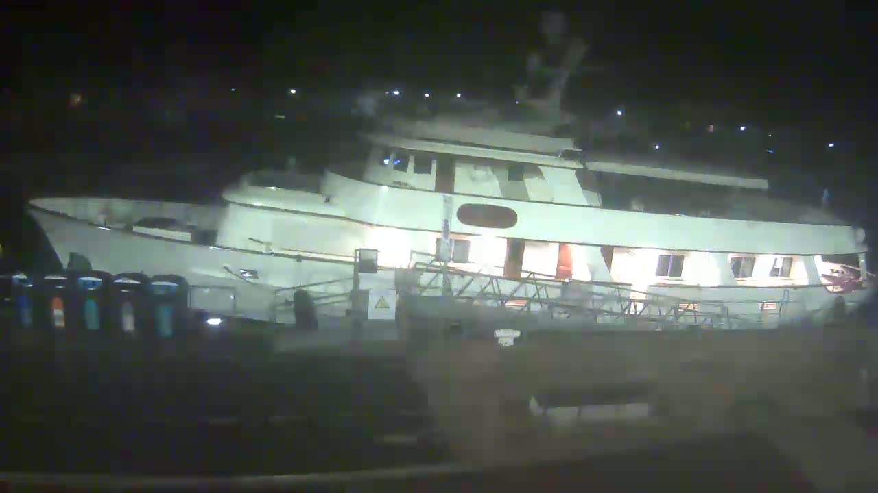 A large, white yacht is docked at night.