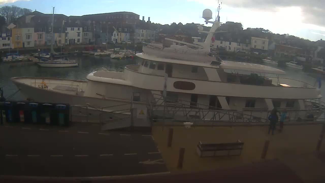 A large motor yacht is docked at a harbor, with several smaller sailboats in the background under a cloudy sky.