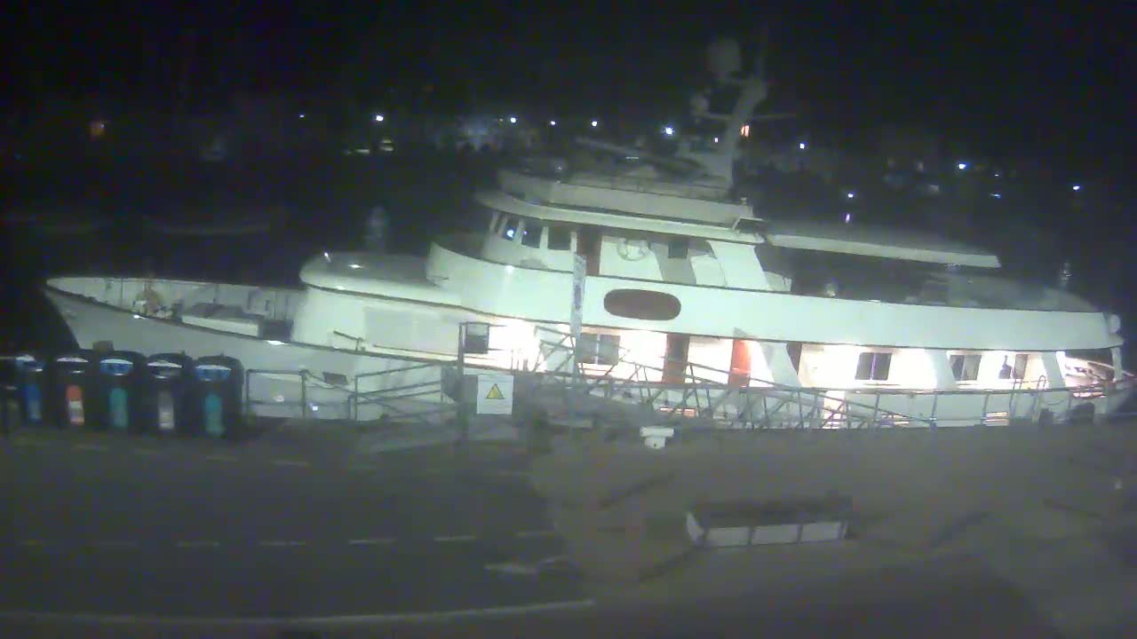 A large, white yacht is docked at night, with its lights on.