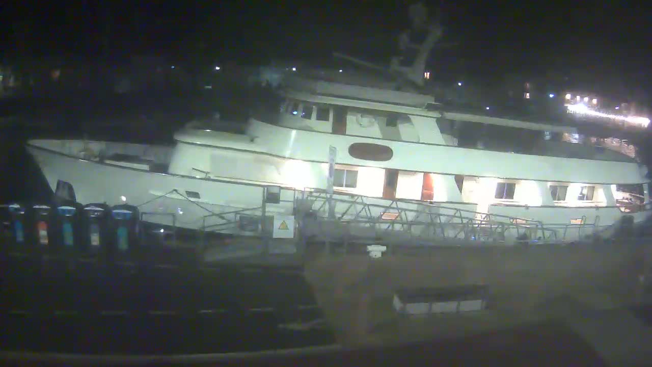 A large, light-colored motor yacht is docked at night.