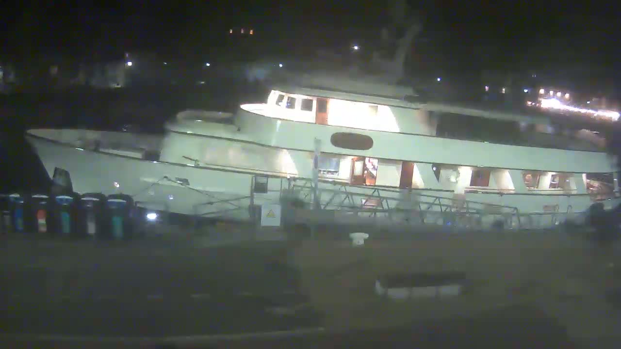A large, lit-up yacht is docked at night.