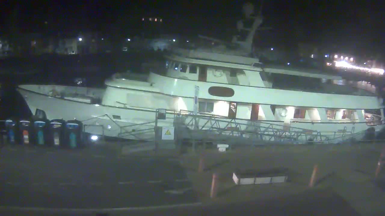 A large, light-colored yacht is docked at night.
