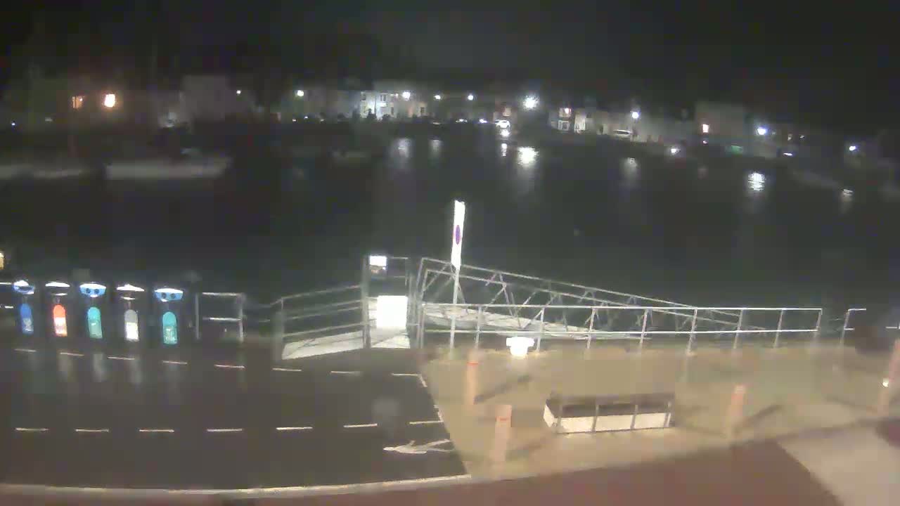 At night, a wet dockside area with a metal ramp and several bins is shown, overlooking a calm body of water with boats and lights from buildings across the water.