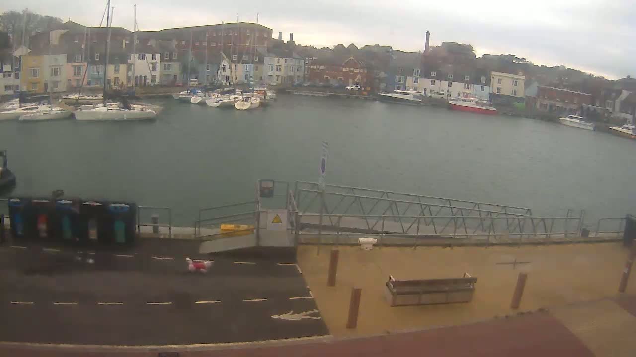 A harbor filled with sailboats is viewed from a quay on an overcast day, with a ramp and bench visible in the foreground.