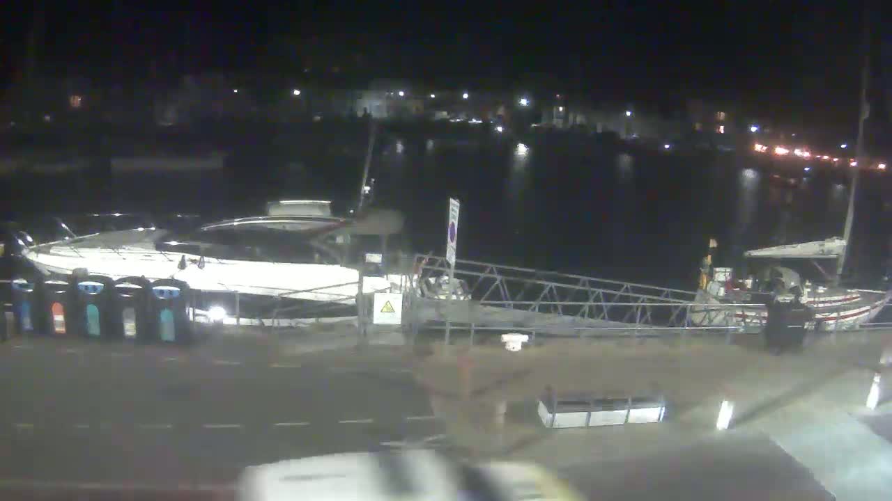 At night, a marina shows several boats moored alongside a metal gangway, under a dark sky.