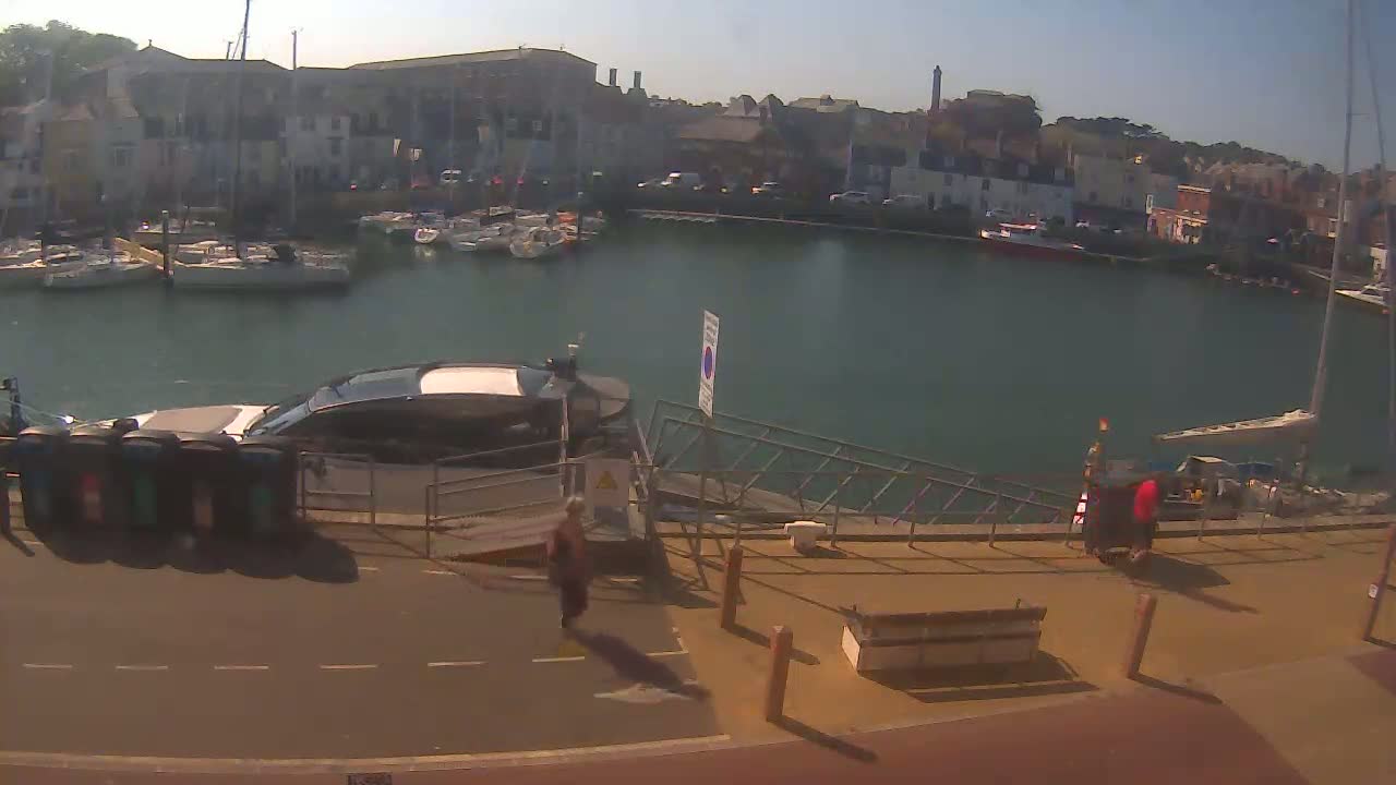 A sunny harbor scene shows a calm body of water with sailboats and motorboats docked, a person walking near a ramp leading to a boat, and several buildings in the background.