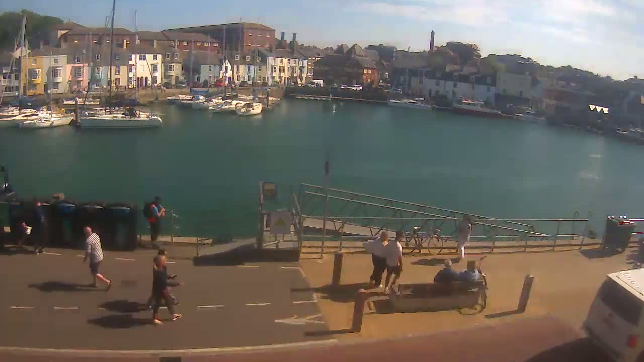 A harbor filled with sailboats is viewed from a high vantage point on a sunny day, with people walking along a paved area next to the water.