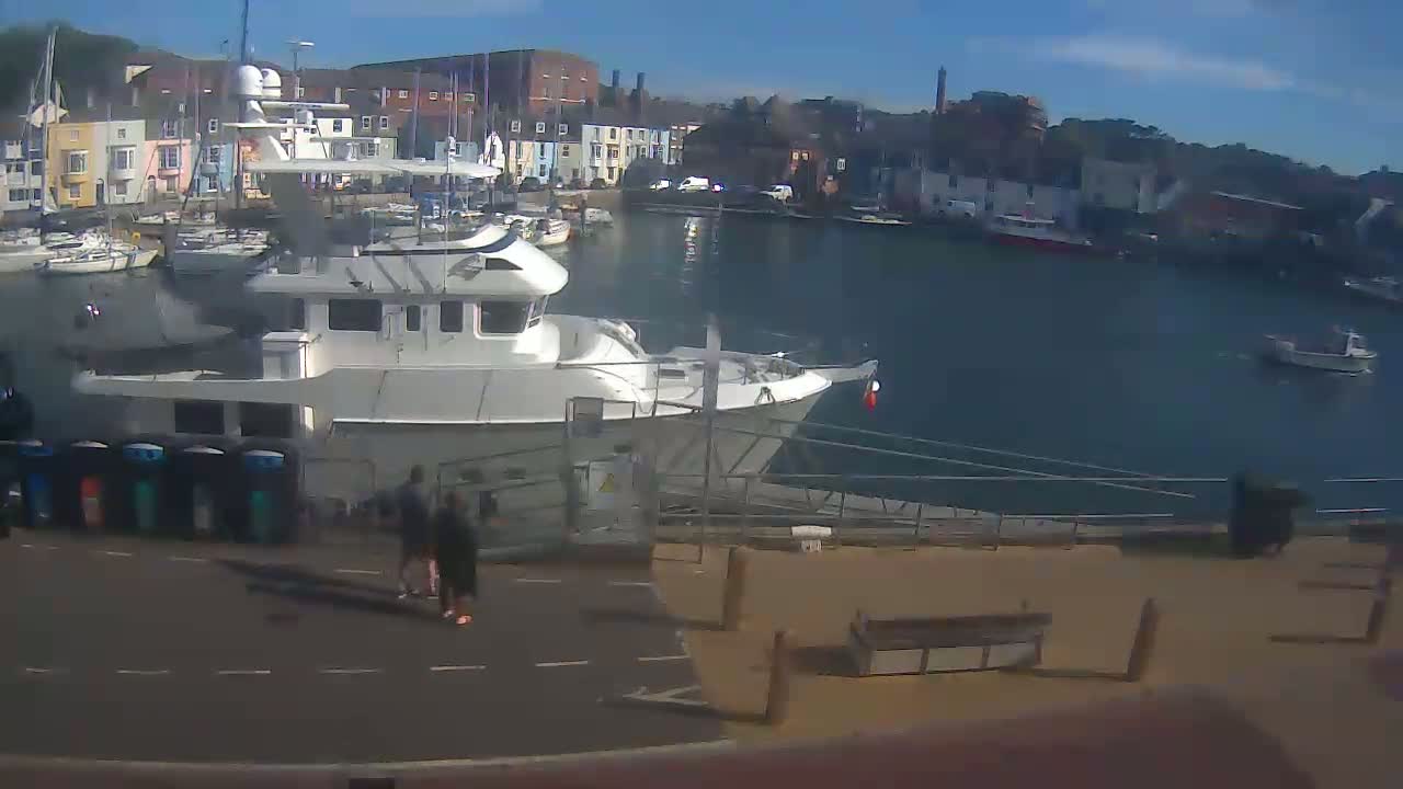 A large white boat is docked at a harbor on a sunny day, with several smaller boats and colorful buildings in the background.