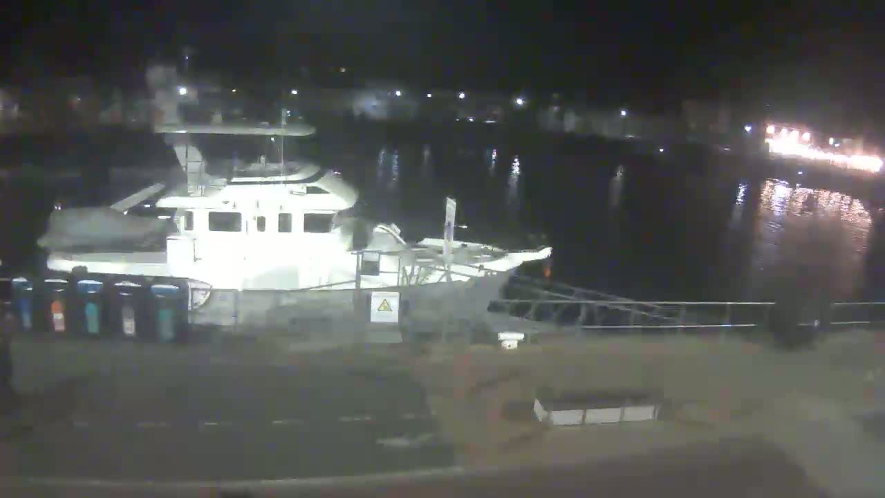 A large, white boat is docked at a harbor at night, under calm, dark water.