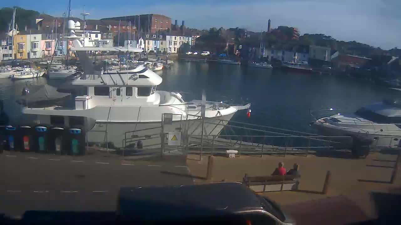 A marina with numerous boats, including a large white motorboat at the dock, under sunny skies.