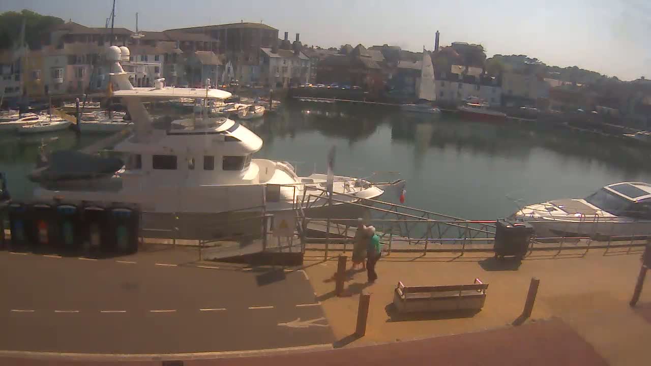 A sunny harbor scene shows a large motor yacht alongside a dock, several smaller boats moored nearby, and two people walking on the dock.