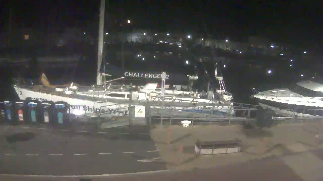 Several boats are docked at a marina at night.