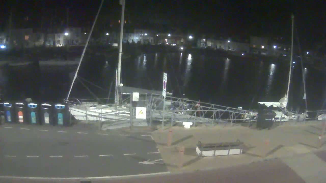 At night, a marina scene shows several boats moored, a dock with people, and a row of recycling bins next to a roadway.