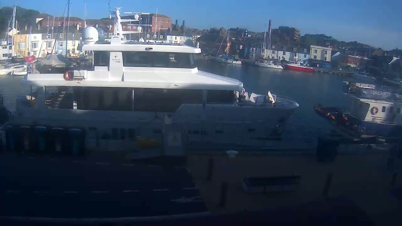 A large white passenger ferry is docked in a harbor on a sunny day, with numerous smaller boats and colorful buildings visible in the background.