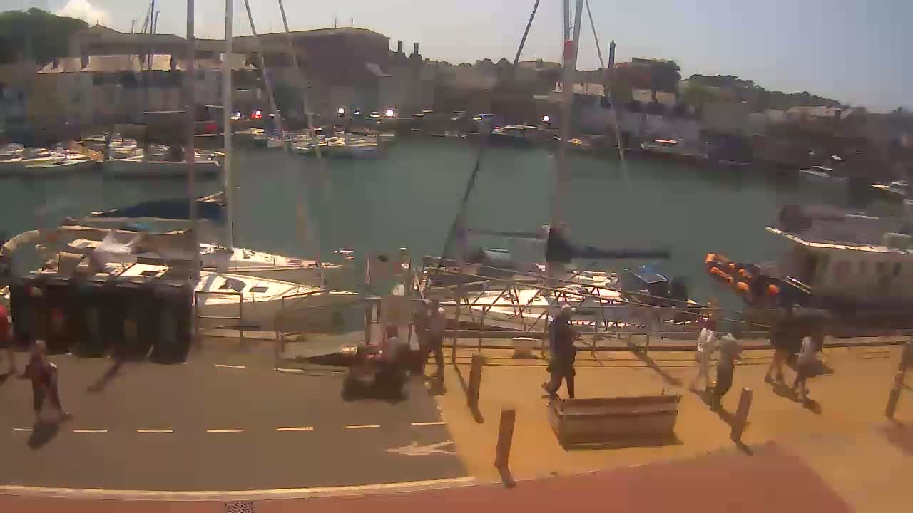 A sunny day at a harbor shows numerous boats docked, with several people walking along the waterfront.