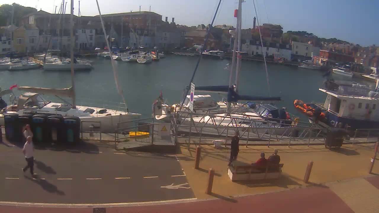 A sunny harbor scene shows numerous boats docked, some people walking along a paved walkway near the water, and others sitting on a bench.