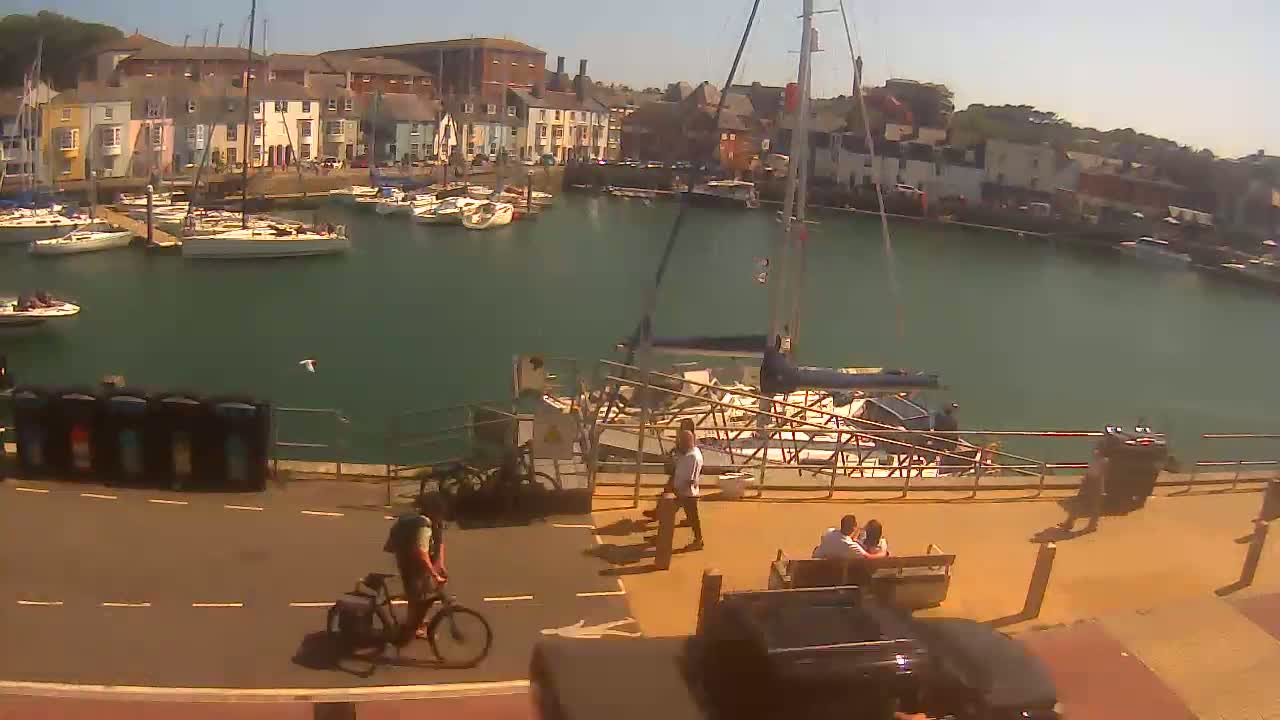 A harbor filled with sailboats on a sunny day, with people walking and biking along a waterfront path.