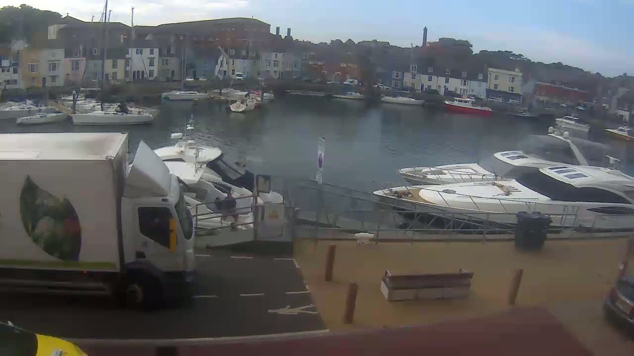 A delivery truck is parked near a harbor filled with boats and yachts on an overcast day.