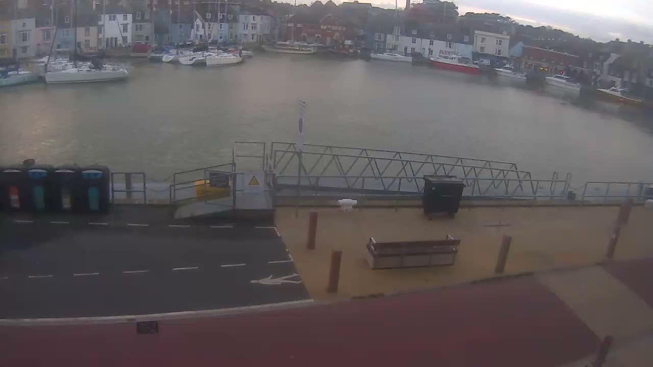 An overcast sky hangs over a calm harbor filled with numerous moored boats and bordered by town buildings, as seen from an elevated perspective overlooking a quay with portable toilets and a gangway.