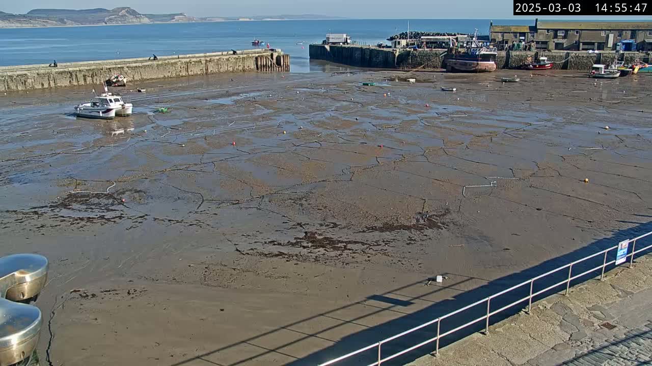 A mostly empty harbor with a few boats, a mostly dry harbor bed, and a distant view of a hill under sunny skies.