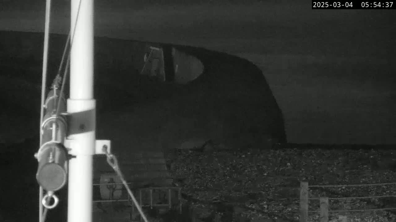 A nighttime, low-light image shows a white pole with attached equipment in the foreground, and a dark, curved landform extending into a dark body of water in the background.