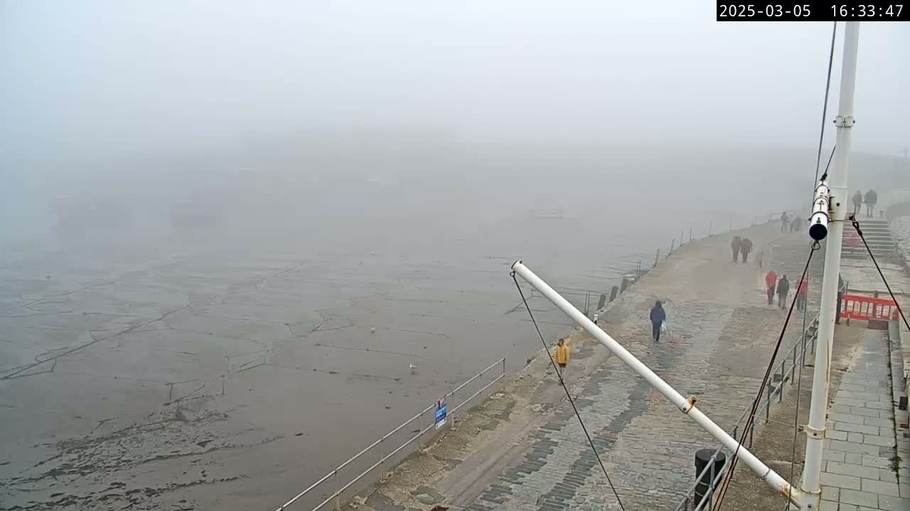 A foggy day shows a muddy tidal flat, a stone walkway with several people walking on it, and a portion of a boat mast in the foreground.