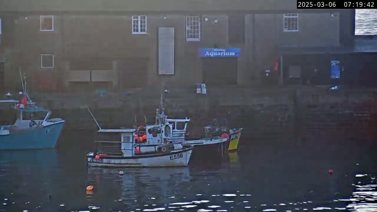 Three small fishing boats are moored in a harbor next to a stone building on a foggy day.
