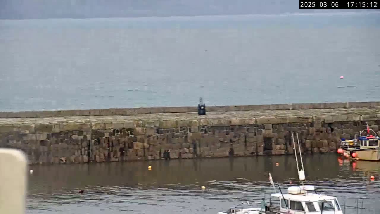 A stone harbor wall separates calm, gray water from a small harbor where several boats are moored on an overcast day.