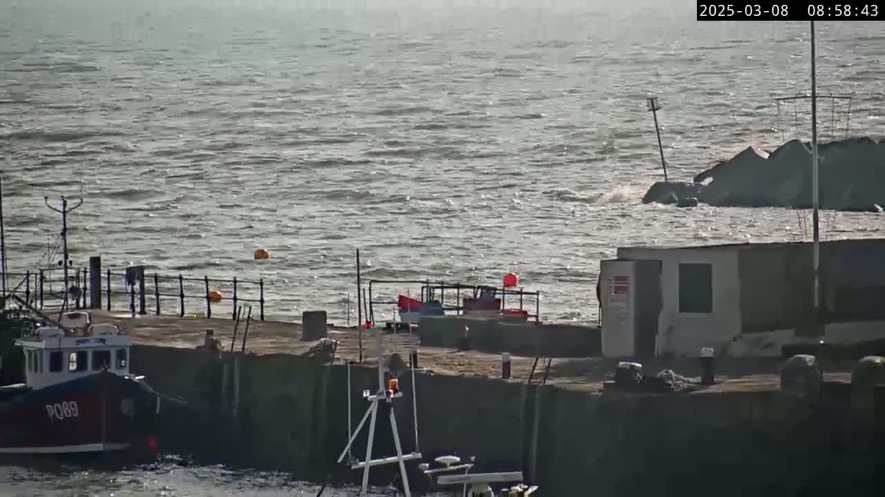 A small fishing boat is docked at a harbor, with choppy water visible in the background under a bright, somewhat overcast sky.