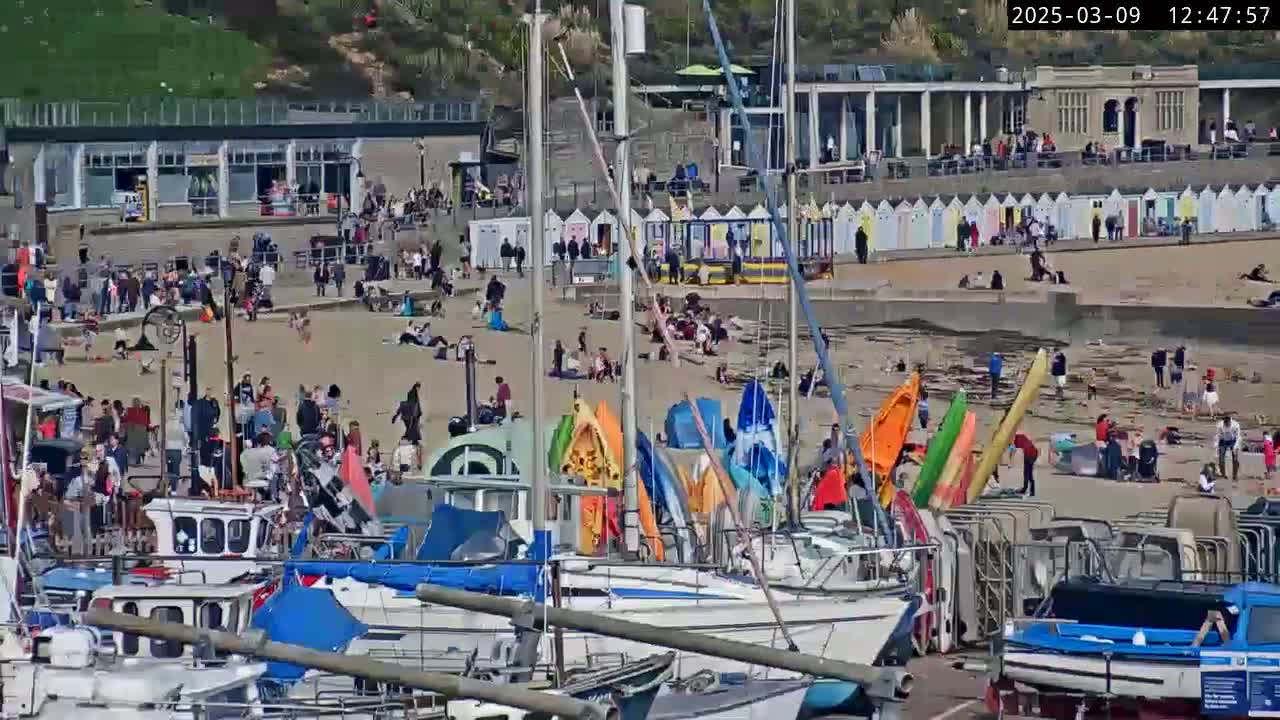 A sunny day at a harbor shows a sandy beach crowded with people, colorful beach huts, and numerous boats docked at the harbor.