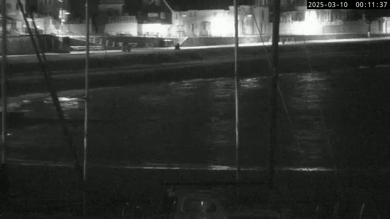 A nighttime, low-light view of dark water lapping at a shoreline near buildings with lights on.