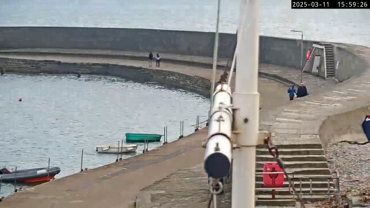 A curved stone harbor wall with a few people walking on it overlooks a calm body of water with several small boats; the weather appears overcast.